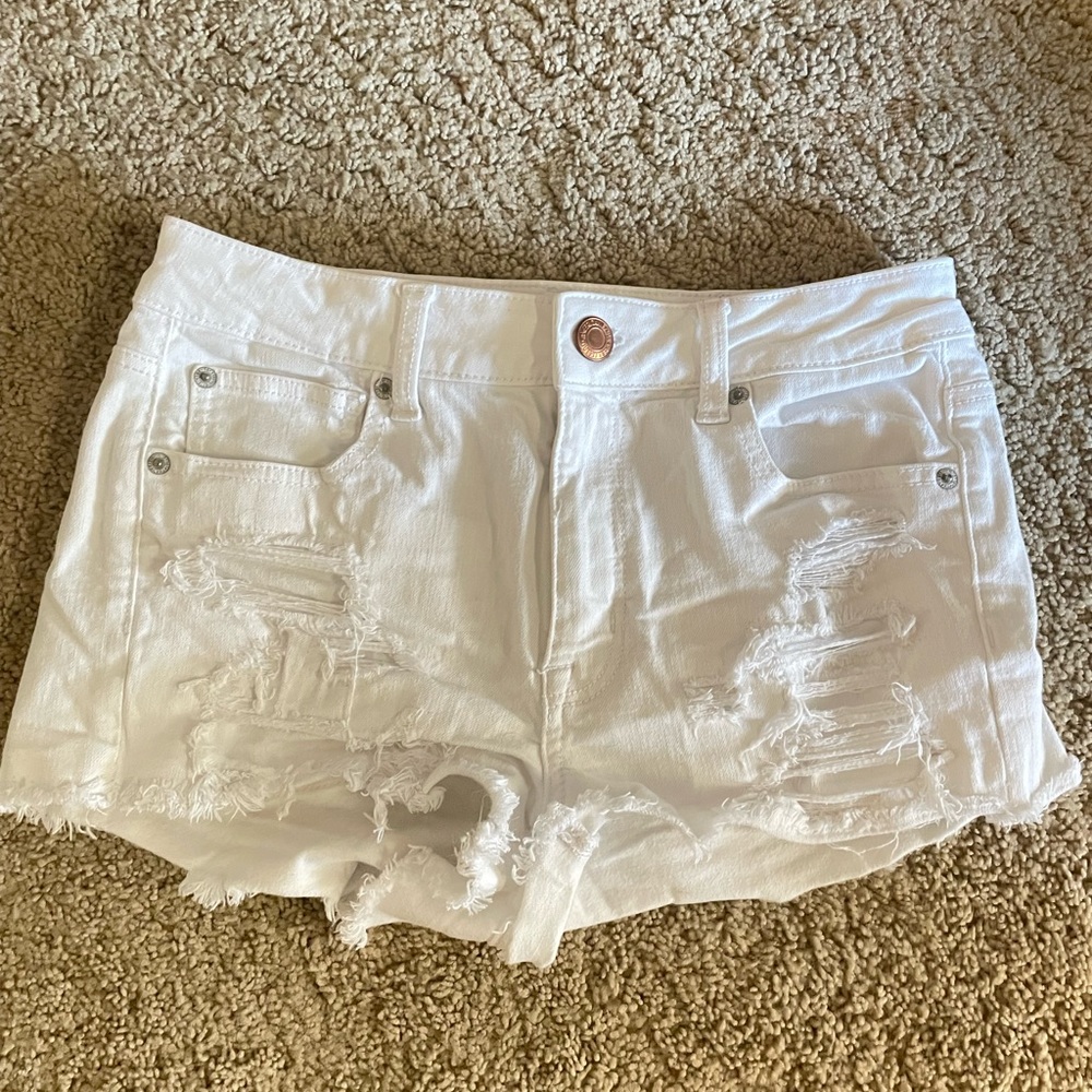 AE high rise white denim shorts